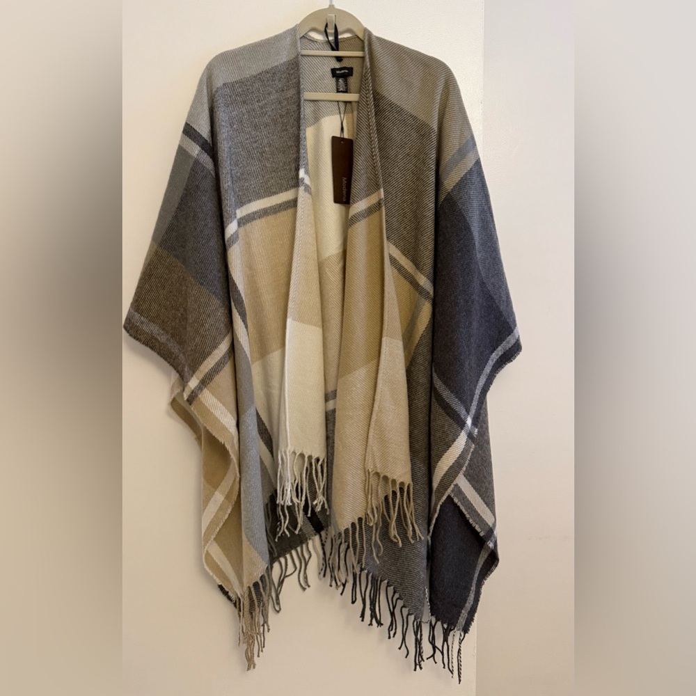 Plaid Fringe Wrap - Gray and Cream